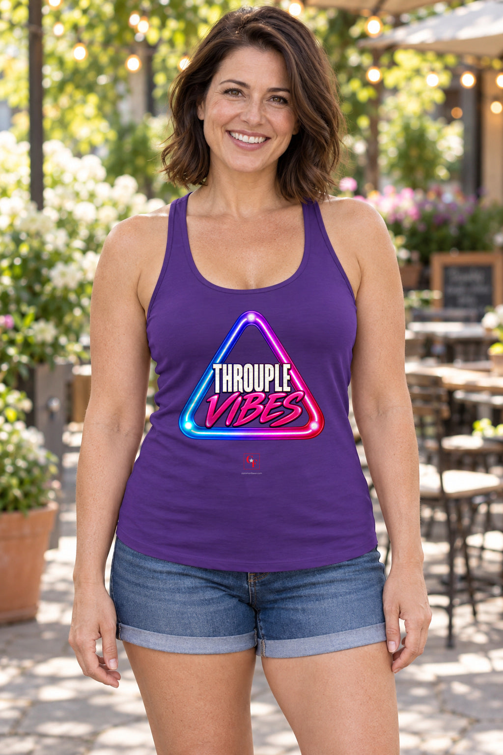Throuple Vibes Racerback Tank in Purple Rush, woman wearing the tank in a lifestyle setting